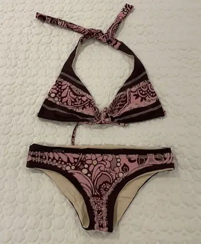 Women small Reversible bikini halter top & bottom set brown pink print flower