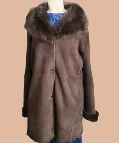Olsen Europe Womens Lamb Fur Coat Size 10 Brown Shearling Button Closure Turkey