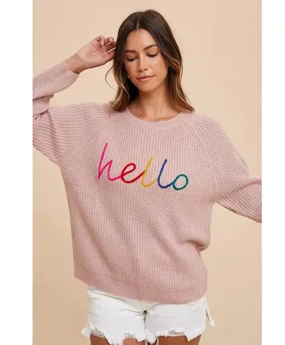 AnnieWear Pink Knit Sweater “Hello” Graphic Pullover Rainbow Letters Size XL