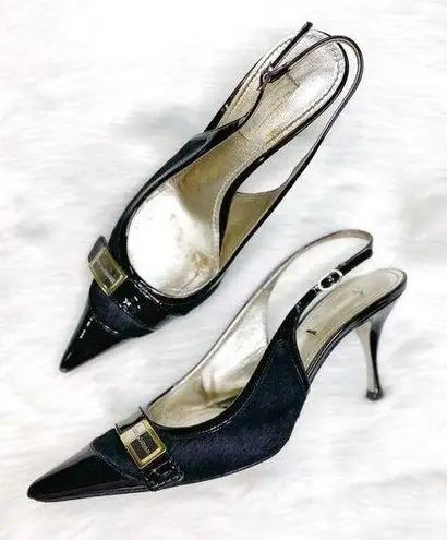 Dolce & Gabbana black calf hair patent leather slingback pumps pointed size 38