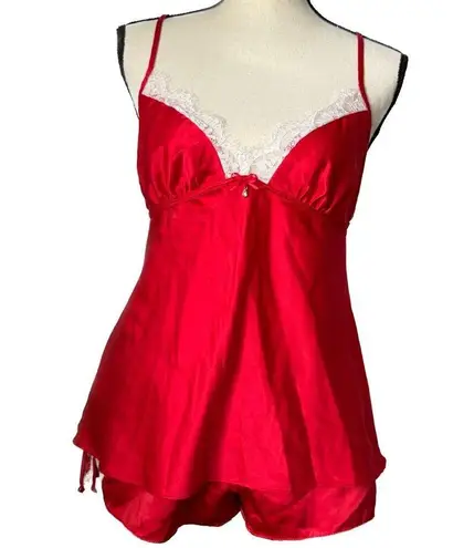 Linea Donatella NWOT Womens Red Satin Lace Camisole Top & Bottom Lingerie Set V-Neck Size Small