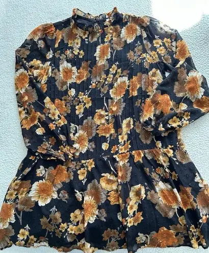 MELLODAY Black Muti-color Sheer Floral Print Pleated Long Sleeve Mini Dress Sz L