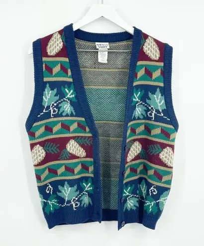 Vintage Teal Boho Pinecone Leaf Grandma Sweater Vest Cardigan SZ S