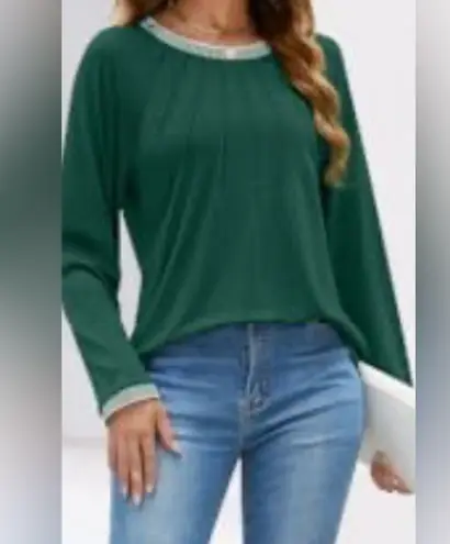 Merokeety NWT Women Green Long Sleeve Pleated Round Neck Elegant Top