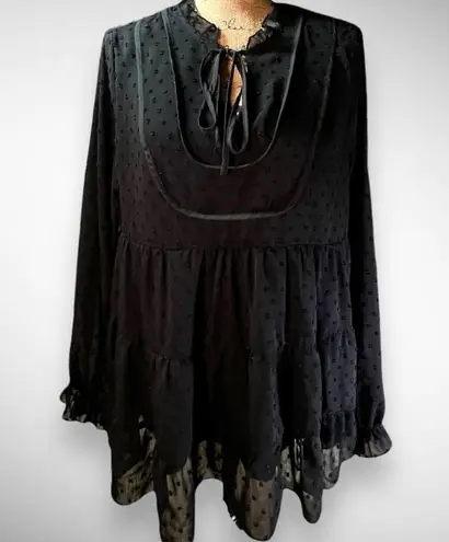 PRETTYGARDEN Women's V-neck Black Chiffon Long Sleeve Boho Blouse Large | EUC
