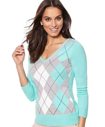 New York And Company Waverly Turquoise Argyle Vneck Sweater Size Medium