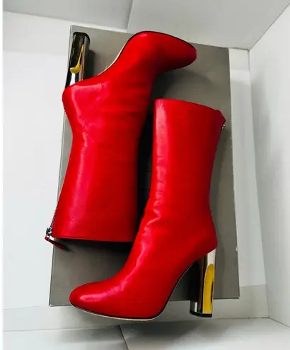 Alexander McQueen Red Leather Lux Duchess Bootie Boots 105mm High Heel Size 37.5