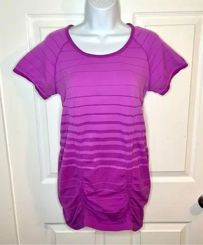 Athleta  Fastest Track Ruched Stripe Tshirt Short Sleeve Pinkish Purple M