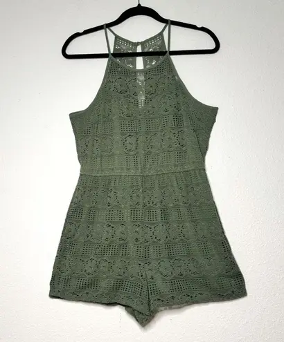 Pink Rose lace boho romper racer back olive green size L