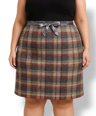 Plus 2X Tweed Plaid Mini Skirt Satin Ribbon Waist Holiday Boston Los Angeles Yellow