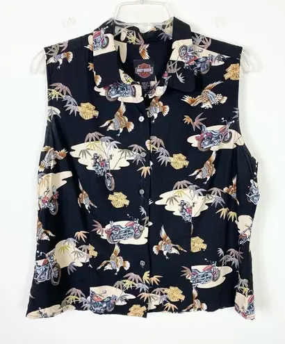 Harley Davidson Motorcycles Biker Black Graphic Button Up Sleeveless Shirt Sz L Size L - Image 1