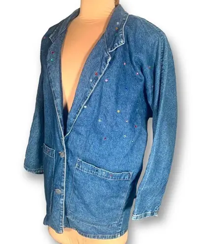 Vintage Match Denim Jacket Blazer Oversized Crystal Embellished Medium Wash B