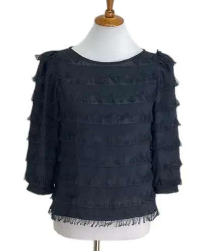 California Spice Eyelash Fringe Blouse Black Size M Vintage 80โs Mob Wife Glam Size M