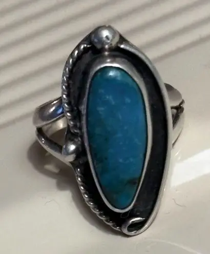 Navajo Southwestern Large Oval Turquoise Braided Tear Drop Ring size 7 Silver