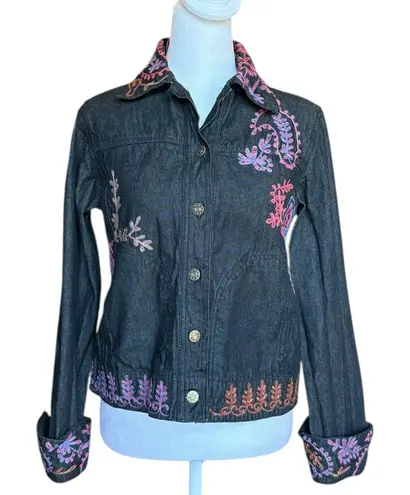 Coldwater Creek Black Jean Jacket Pink Blue Embroidery Cotton Womens XS