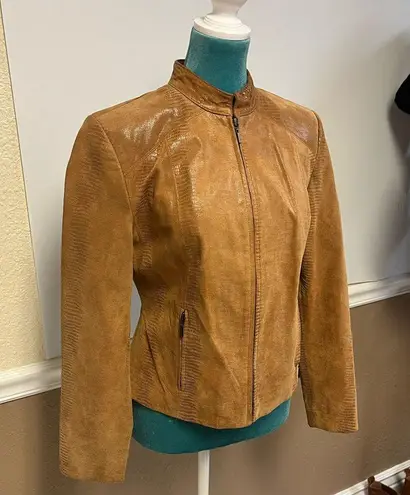 Valerie Stevens Genuine Leather Moto Jacket – Cognac Brown Snake Print – Size S