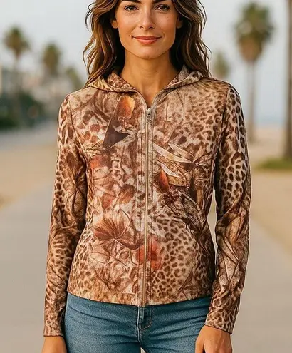 Christopher & Banks Ladies Cheetah Leopard Print Thin Beaded Hoodie ~ Women's M - Image 1