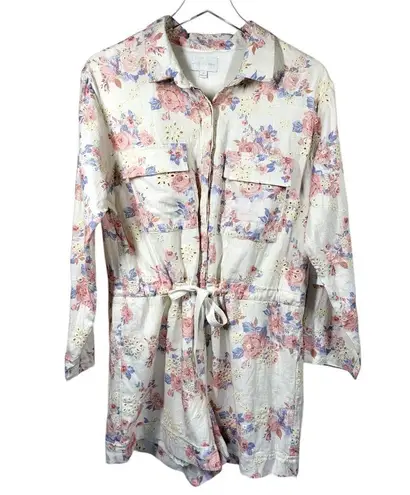 NWT A Collective Story Linen Blend Floral Print Eyelet Romper in Ivory/Pink Pink Size M