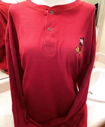 Disney Vintage Mickey Mouse Embroidered Long Sleeve Henley - Red - S