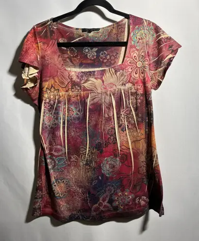 VTG Y2K Floral Top Square Neck Short Sleeve Fairy Grunge USA Made Sz L Boho Red Size L