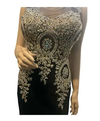 Shail K Rhinestone Mesh Black Gold Evening Gown W/ Train Size 10 Prom