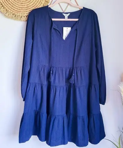 Crown & Ivy, New Navy Blue Embroidered Tassel Peasant Dress Size Large Petite