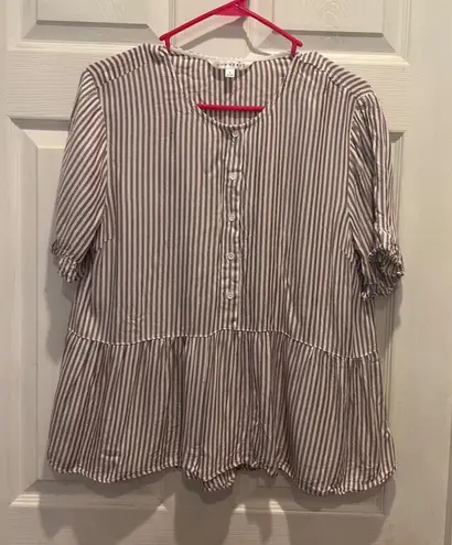 Downeast Women's Brown Striped Peplum Blouse Top Ruffle Short Sleeve Size L