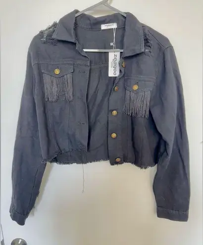 New Black Fringe Cropped Denim Jacket Size M