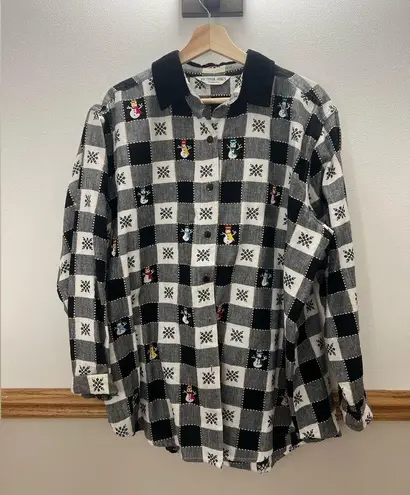 Vintage 90s Christmas Flannel Plaid Embroidered Button Down Sweater Size XL Black