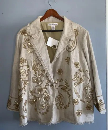 Silhouettes Tan Linen One Button Blazer~ Fringe~Embroidered~Sequins Size 22 NWT