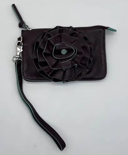 ILI New York Leather Wristlet Wallet Clutch Dark Brown Plum Rosette