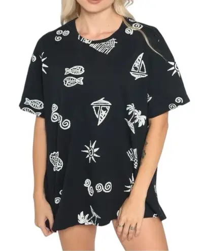 Vintageā Women's Tropical Print Black T Shirt Oversized Crew Neck Beach One Size Size undefined