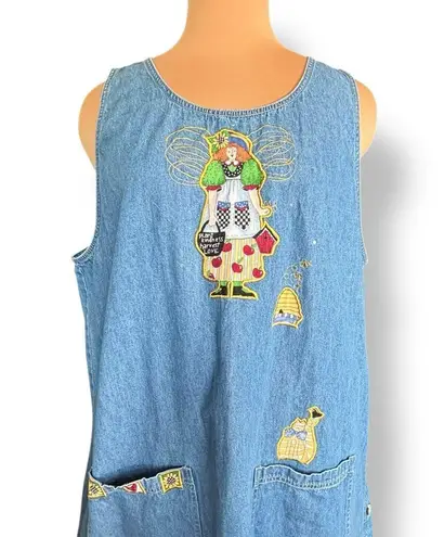 Vintage Quacker Factory Denim Jumper Midi Dress Plus 2X Yellow Floral Embroidery Blue