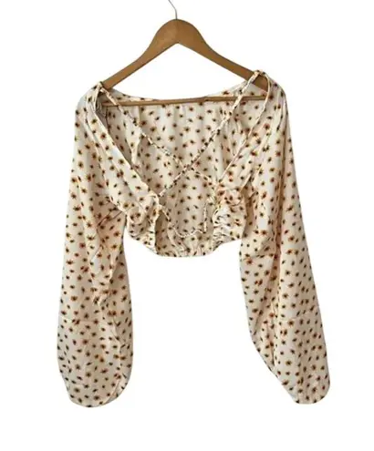 We Wore What Ditsy Daisy Flower Billow Long Sleeve Crop Top S Ivory Yellow #3557
