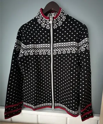 NEVE 100% Wool 1/4 Zip Pullover Snowflakes Sweater Women Size Large Black White Brown