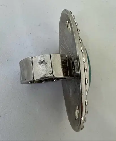 Ladies Cocktail Costume Jewelry Ring Silver Tone Band Faux Turquoise Adustable