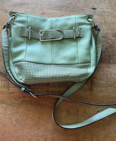 Tignanello Leather Crossbody Bucket Bag Mint Green Laser Cut Adjustable Strap