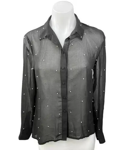 Cooperative Black Sheer Beaded Embellished Long Sleeve Button Down Shirt Top XS