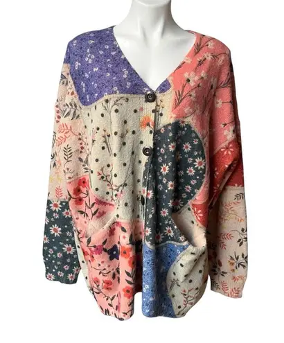 Yesno Button Down Oversized Cotton/Wool Blend Boho Patchwork Print Cardigan