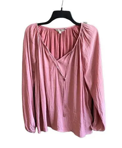 Liverpool Pink Pleated Long Sleeve Blouse with Split Neck That Ties. Size Large