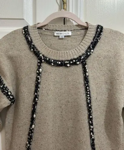 See By Chloe Wool Knit Dress with Pockets Tan, Black and White Size Small