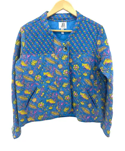 DRA Los Angeles Quilted Floral Print Button Front Jacket Medium Blue Yellow Pink