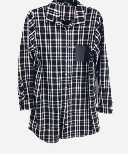 Maje Majé Grunge Leather Trimmed Black & White Plaid Flannel Shirt Size Large 12/14