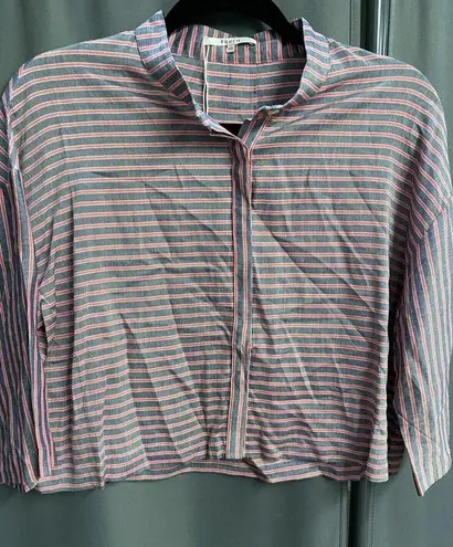 FRNCH Cropped Top Women's Medium Red Striped 100% Viscose 3/4 Sleeve Button B73