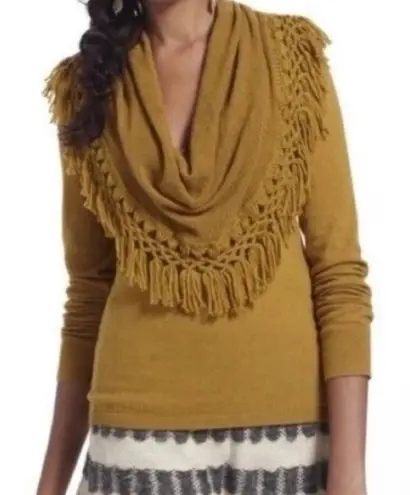 Anthro Angel of the north Fringe Cowl Neck Sweater mustard yellow size small Gold