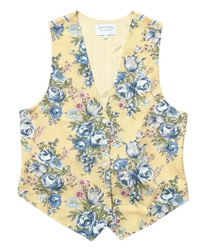 Vintage Floral Vest Yellow Blue Striped Linen Blend USA L Large