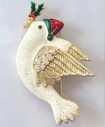 Vintage SJ Stamped Glittery Turtle Dove Christmas Holiday Santa Brooch Pin Gold