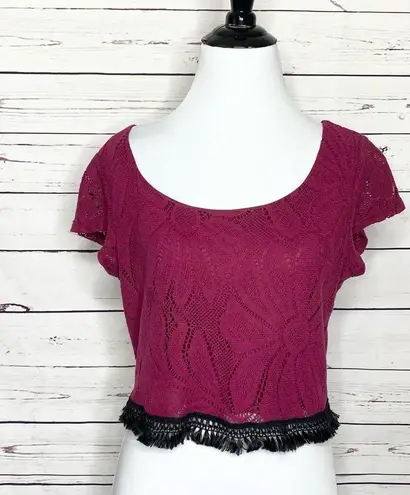 LC Lauren Conrad  Maroon Crochet Lace Crop Top w/ Black Fringe Trim Size Medium