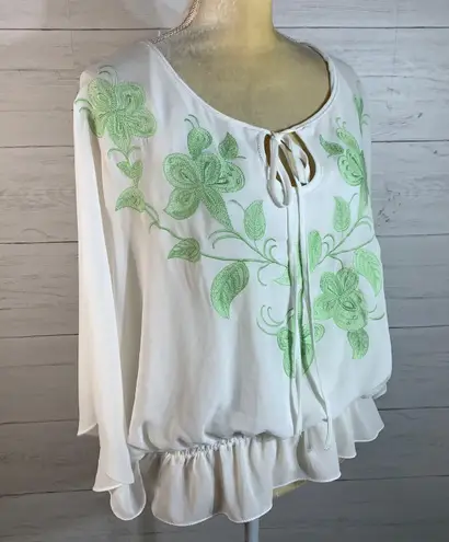 Sophie Max white/green embroidered blouse size Small - Image 6