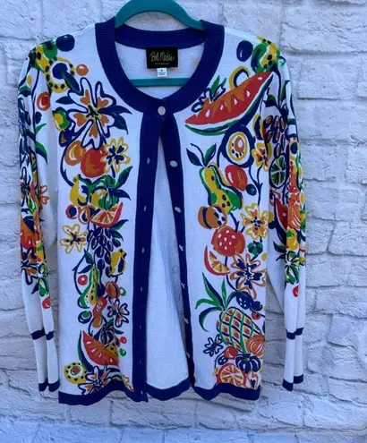 Bob Mackie  Cardigan M White Blue Fruit Print-Wearable Art